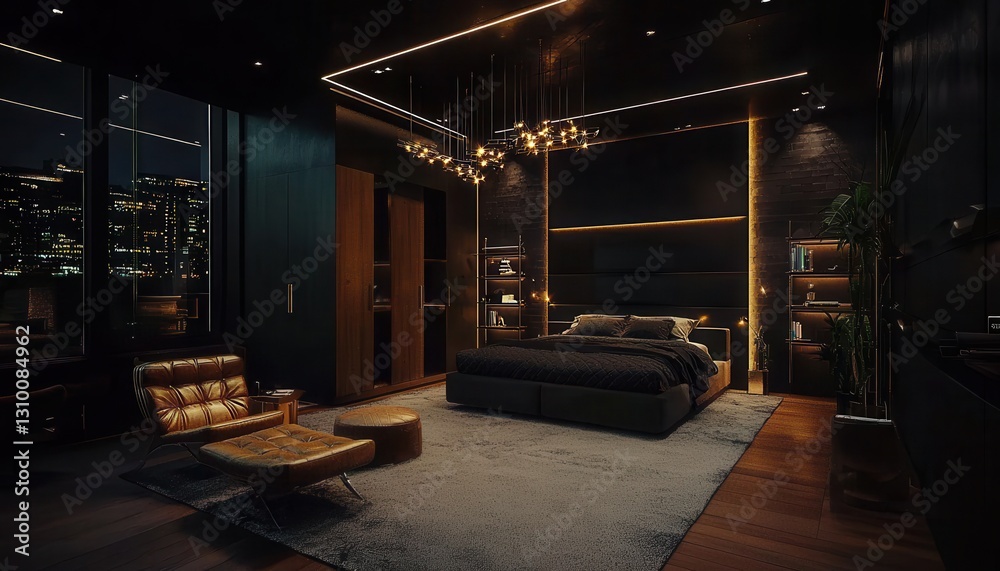 Luxurious and sophisticated atmosphere in a man's bedroom.