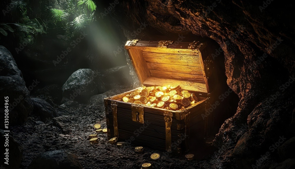 Explore the allure of pirate treasures glowing in a dimly lit cave.