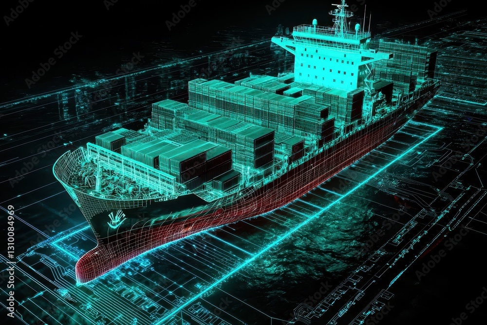 Aerial view of smart cargo ship with containers in modern logistics