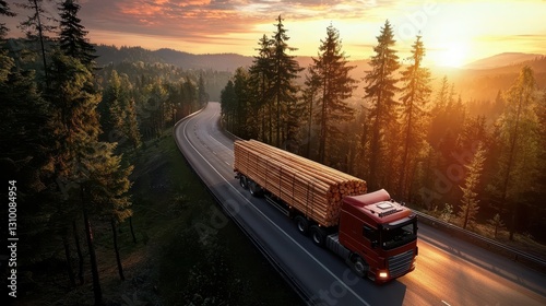 Obraz na płótnie Aerial View of Logging Truck with Timber in Sunset w salonie