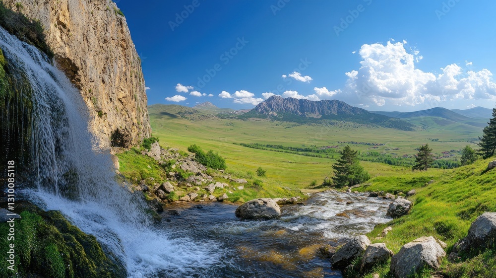 Mountain waterfall cascading into a valley Mountain waterfall cascading into a valley