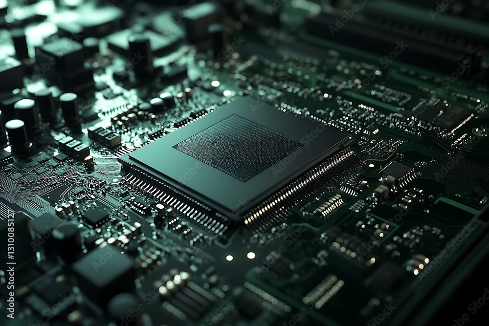 Close-up of high-performance GPU chip on green motherboard highlights gaming tech
Close-up of high-performance GPU chip on green motherboard highlights gaming tech