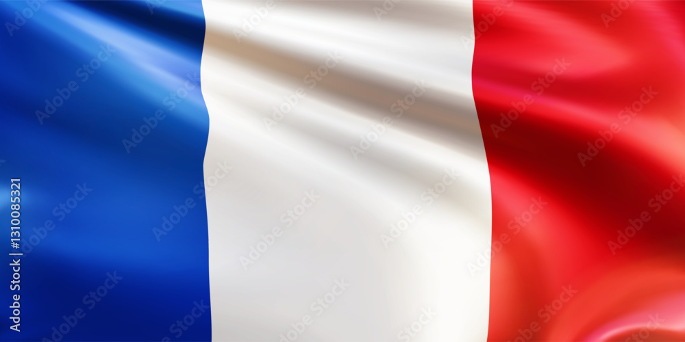 Realistic wavy national flag of the Republic of France closeup. French patriotic background for celebrate National day and Bastille day. 3d vector illustration Realistic wavy national flag of the Republic of France closeup. French patriotic background for celebrate National day and Bastille day. 3d vector illustration