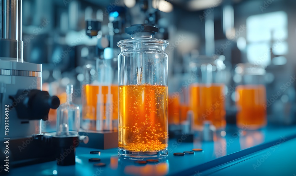 Scientific laboratory with orange liquid in vials and lab equipment in background Scientific laboratory with orange liquid in vials and lab equipment in background