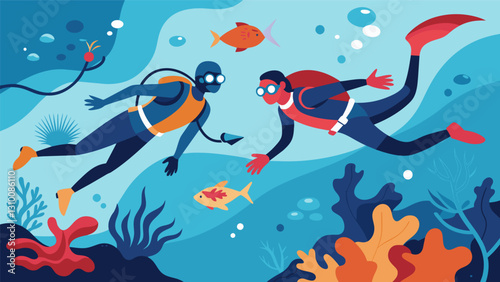 A fierce matchup between two divers as they compete to see who can hold their breath the longest while swimming through a maze of coral and sea. Vector illustration