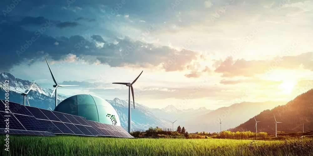 The beauty of sustainable energy: wind and solar under a sunset.