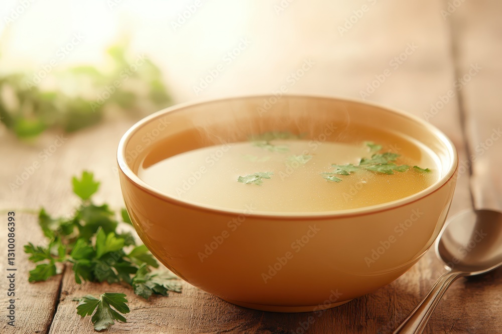 Ethereal Elixir: Steaming Bone Broth with Chicken Collagen and Fresh Herbs in Warm Kitchen Setting Ethereal Elixir: Steaming Bone Broth with Chicken Collagen and Fresh Herbs in Warm Kitchen Setting