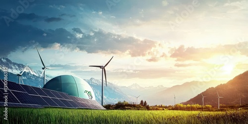 Obraz na płótnie The beauty of sustainable energy: wind and solar under a sunset. w salonie