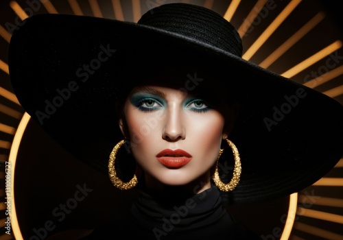 Stunning woman in a wide-brimmed hat with bold makeup and golden earrings