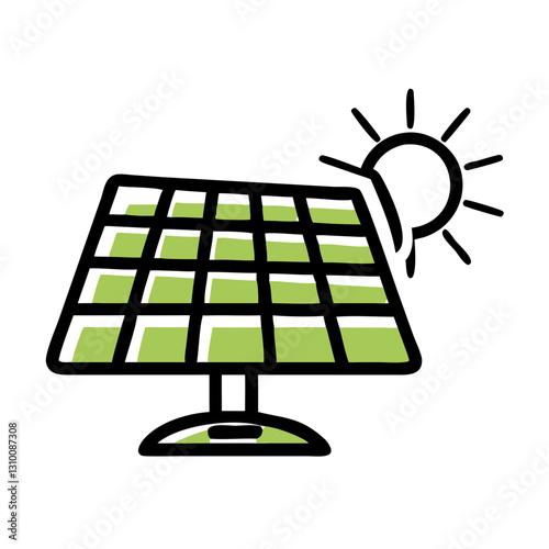 Solar panel icon with sun, renewable energy concept