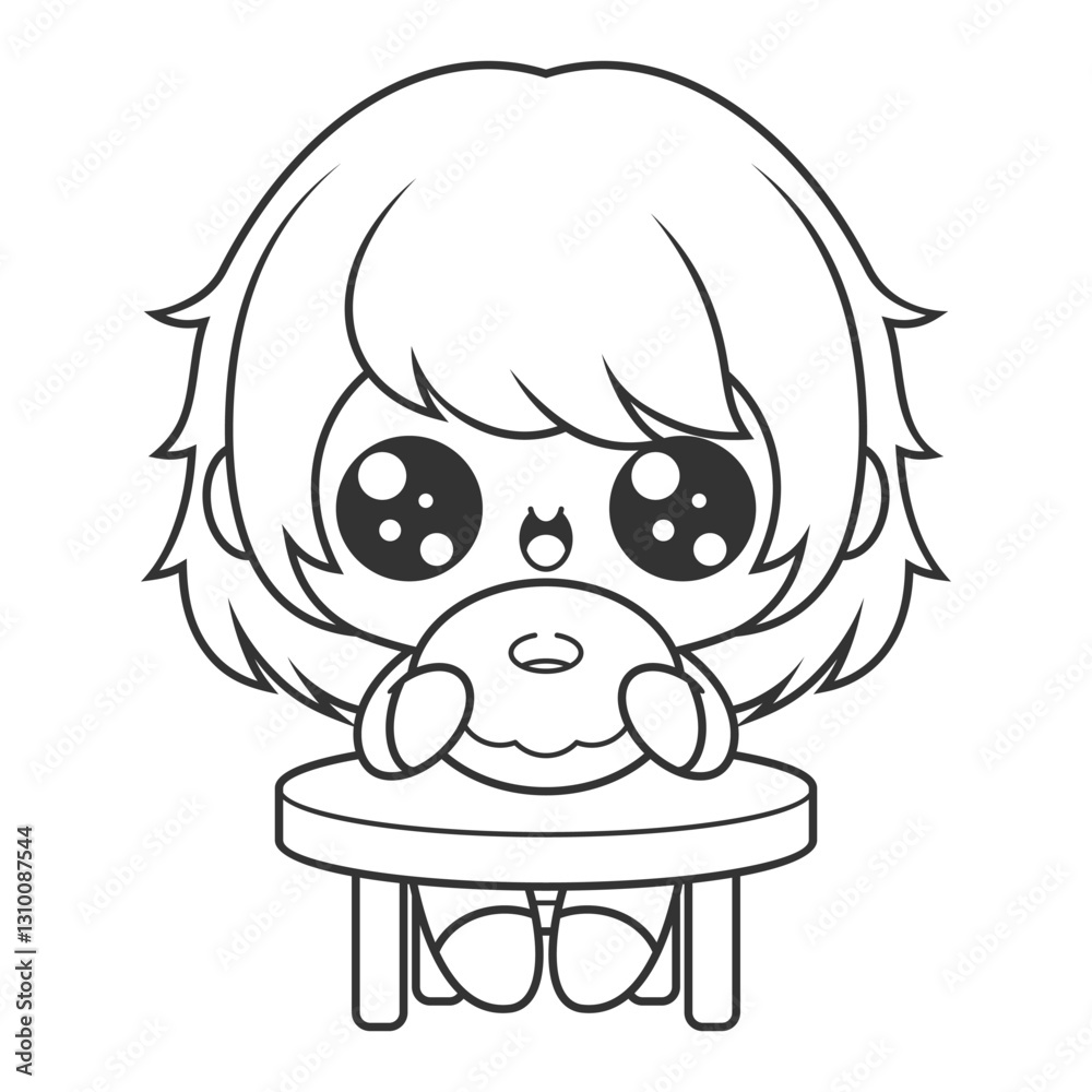 Fototapeta premium Little girl eating a donut, for coloring