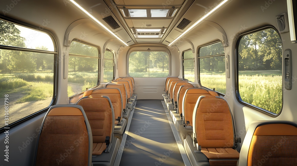 Fototapeta premium Modern bus interior, countryside view, sunrise, transportation