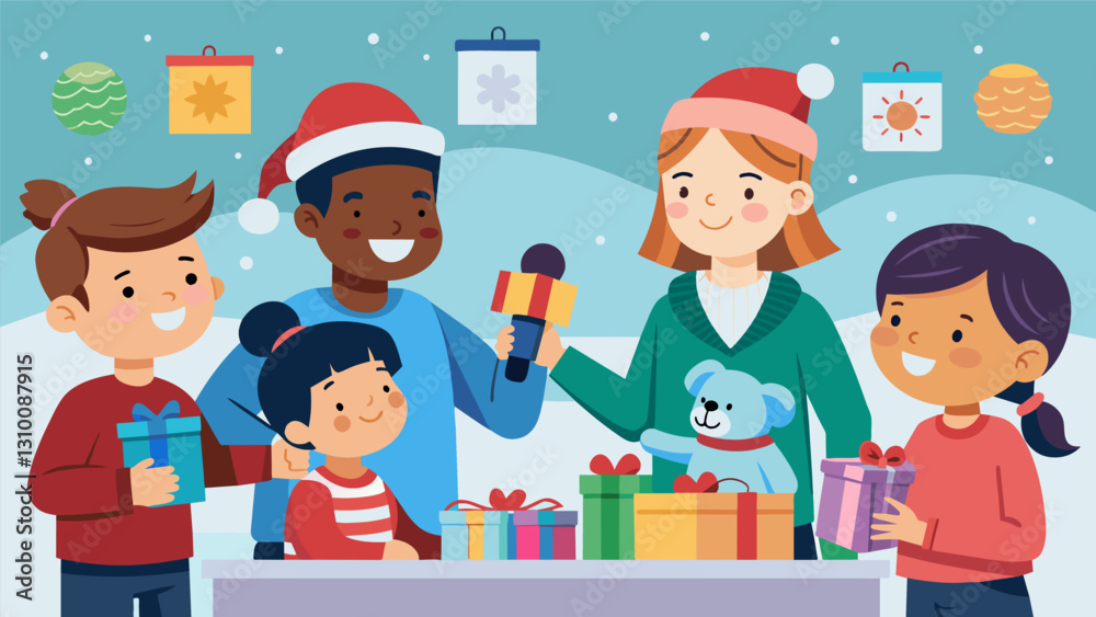 A local news station reporting on the heartwarming success of the secondhand toy drive with footage of volunteers distributing toys to grateful. Vector illustration A local news station reporting on the heartwarming success of the secondhand toy drive with footage of volunteers distributing toys to grateful. Vector illustration