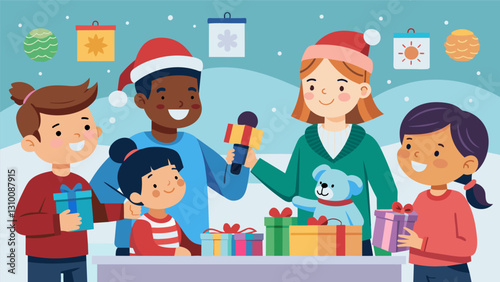A local news station reporting on the heartwarming success of the secondhand toy drive with footage of volunteers distributing toys to grateful. Vector illustration