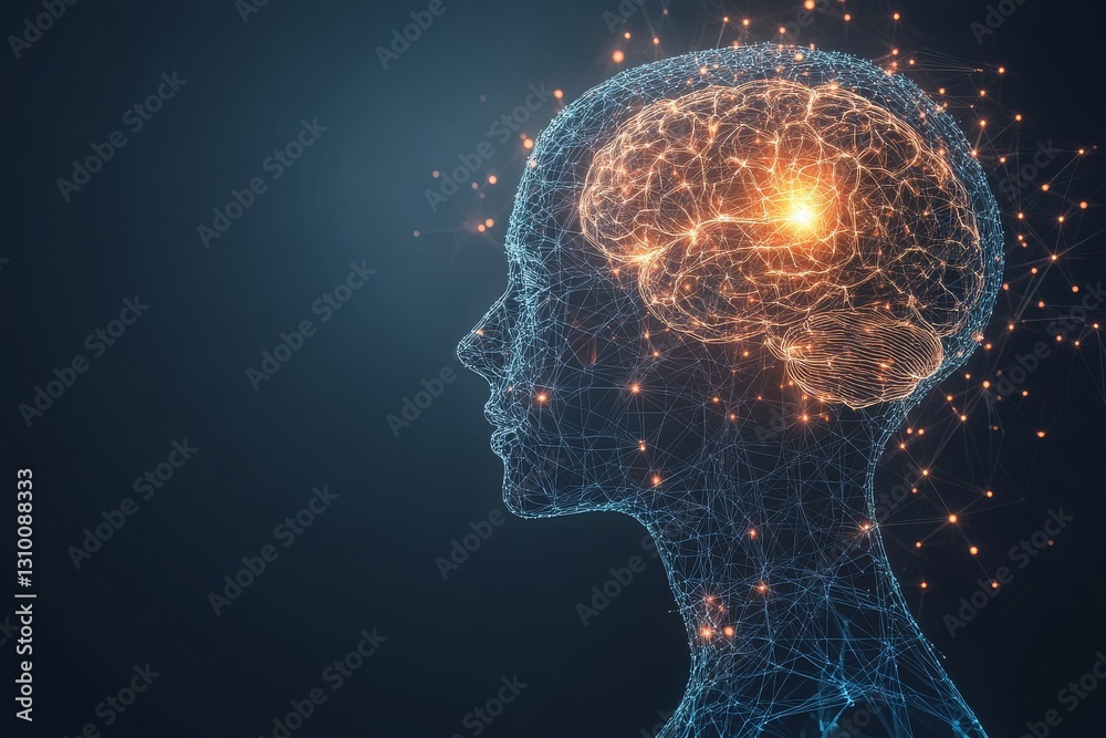 Fototapeta premium A human head in profile on a dark background, featuring a coding and programming interface
