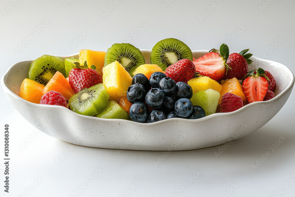 A vibrant and refreshing fruit salad in a white bowl, featuring strawberries, blueberries, kiwi, and pineapple A vibrant and refreshing fruit salad in a white bowl, featuring strawberries, blueberries, kiwi, and pineapple
