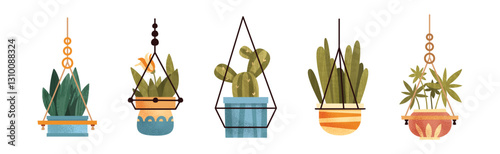 Houseplant Growing in Ceramic Pot as House Interior Object Vector Set