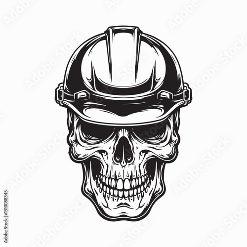 Skull in the miner helmet.  Outline Vector.