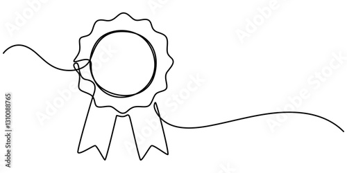 Continuous one line shape award isolated vector illustration, Award badge continuous line art drawn. Approval check sign. Certificate contour line. Vector illustration isolated on white.