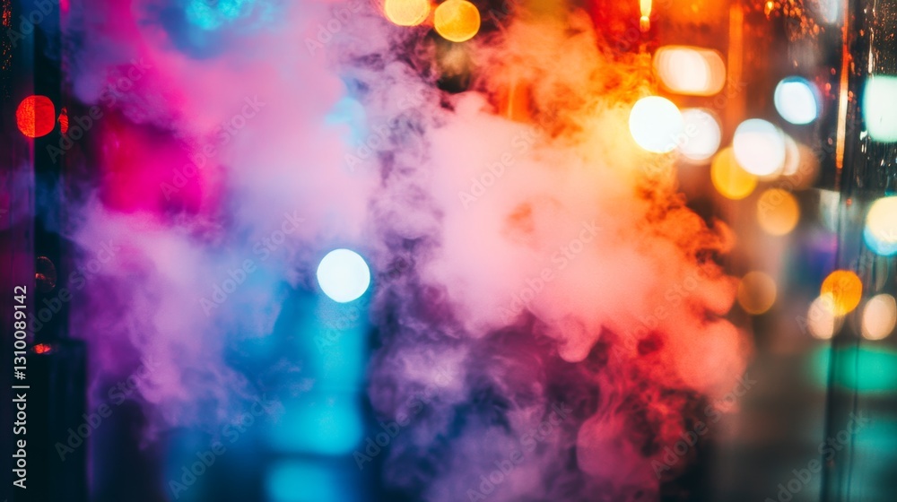 Fototapeta premium Colorful smoke filling nightclub with blurred lights in background