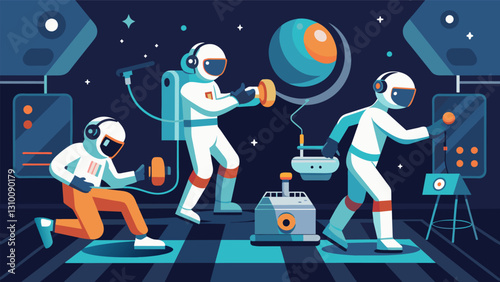 The astronauts VR fitness routine includes practicing basic astronaut tasks such as repairing equipment and conducting experiments in a simulated. Vector illustration