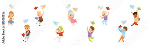 Cute Kids Jumping Throwing Books Up in the Air Vector Set