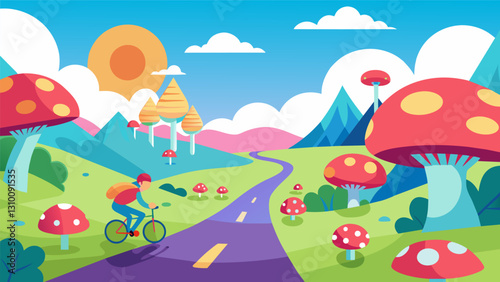 The virtual landscape changes once again this time into a whimsical wonderland with giant mushrooms and vibrant flowers guiding the cyclists path.. Vector illustration