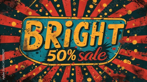 Bright 50% sale sign with dynamic colors and retro design, attracting attention