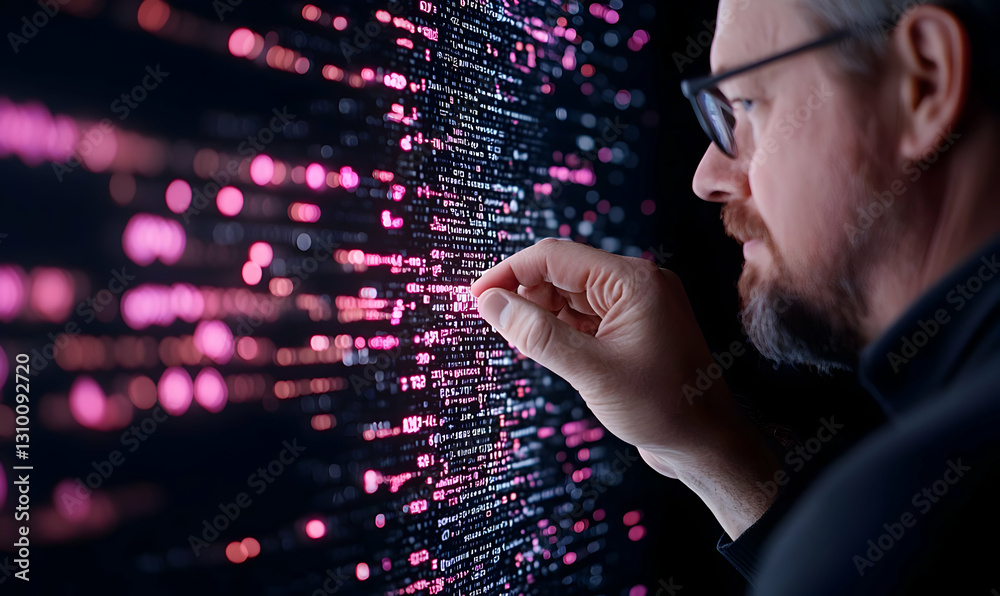Focused Man Interacting with Digital Data on a Display Screen Focused Man Interacting with Digital Data on a Display Screen