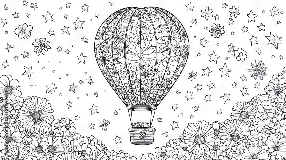 Obraz premium Decorative hot air balloon among flowers and stars. Coloring page. Possible use coloring book illustration