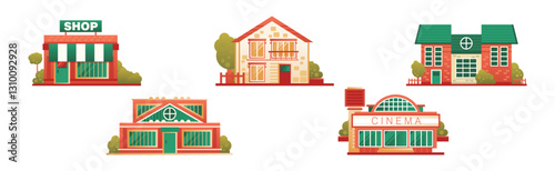 City Street House Exterior and Front View with Roof Vector Set