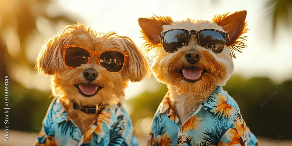Fototapeta premium Two Dogs in Sunglasses and Hawaiian Shirts for Summer Fun