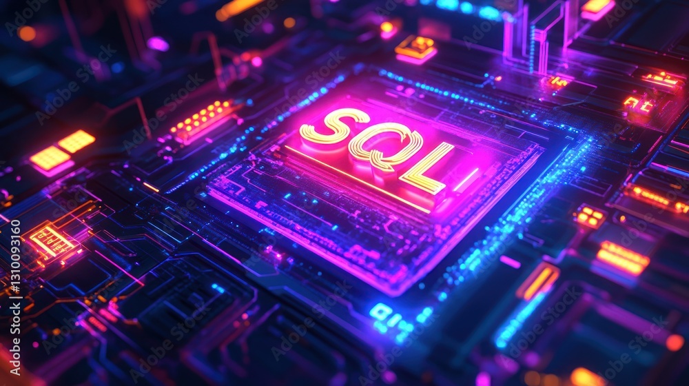 Fototapeta premium SQL database code neon glow on circuit board.