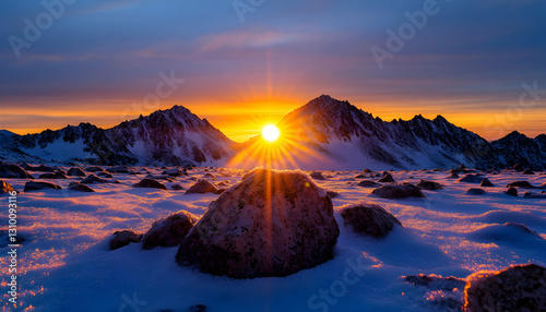 Vibrant sunset over snow-covered mountain peaks