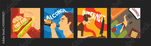 Bad Habits and Harmful Addiction Poster Vector Set