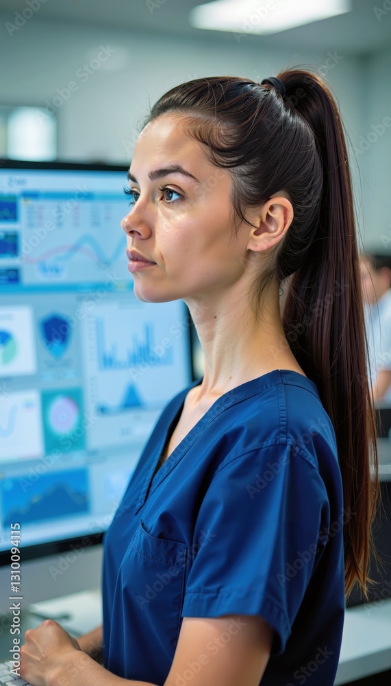 Fototapeta premium Healthcare Professional Woman in Scrubs Analyzing Data on Computer Screen