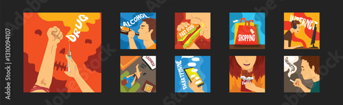 Bad Habits and Harmful Addiction Poster Vector Set