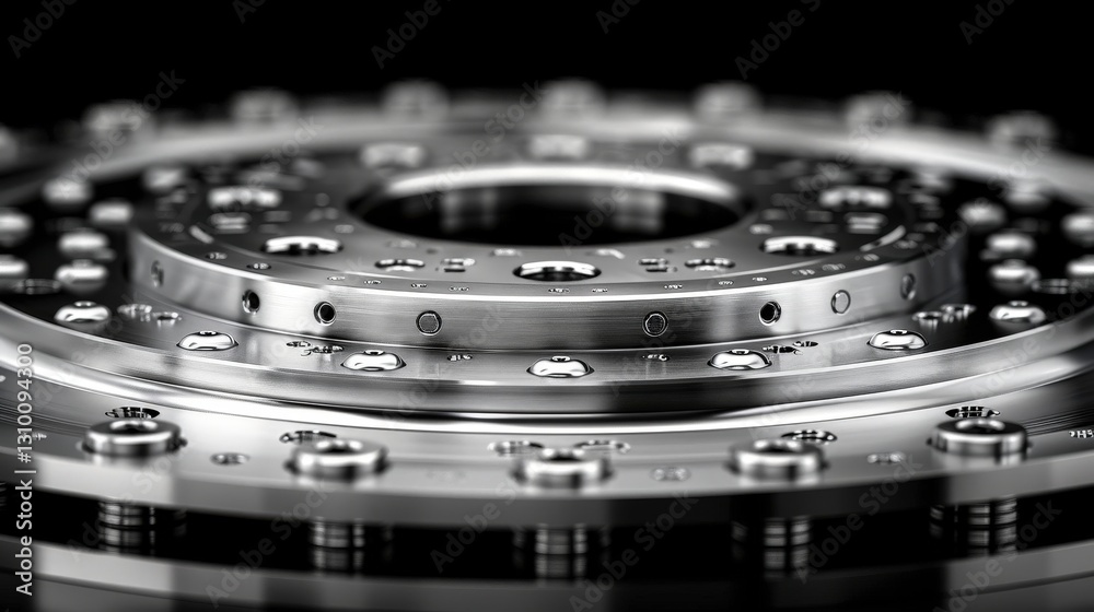 Close up of metallic gear showcasing sharp details and chrome finish, highlighting its intricate design and engineering beauty Close up of metallic gear showcasing sharp details and chrome finish, highlighting its intricate design and engineering beauty