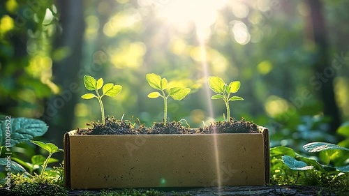 Young plants sprouting in a cardboard box in a forest