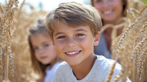 Golden Wheat Smiles: A Boy's Summer Joy in a Sunny Grain Field with Family