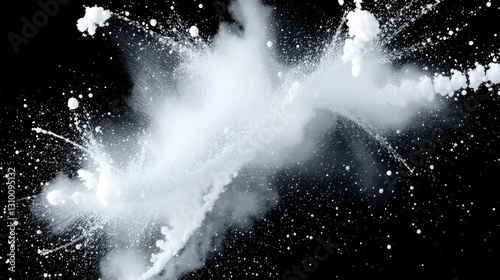 Freeze motion of white color powder exploding on black background.