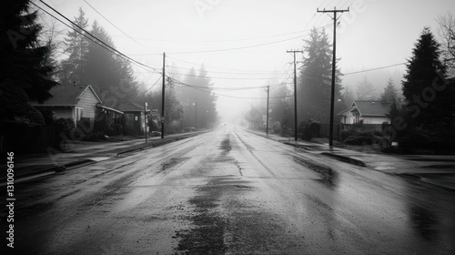 Misty, Rainy Street Through Residential Area