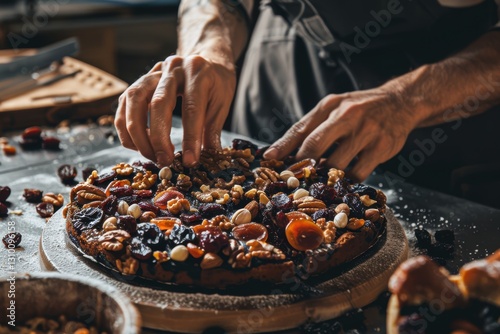 Artisan Cake Design: Hands Arranging Nuts and Fruits for Gourmet Dessert