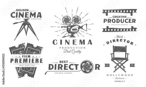 Cinema logo vintage set isolated on white background. Design element label film, camera, reel, strip, director chair. Cinema emblem templates. Vector illustration