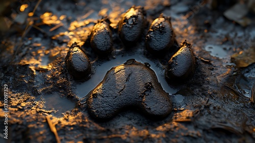 Muddy bear paw print, forest floor, sunset light, wildlife tracking photo