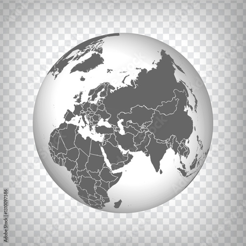 Globe of Earth with borders of all countries isolated. High quality world map in gray. Europe, North Africa, Asia, Arctic. EPS10. 