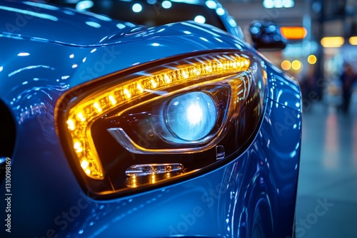 Modern car headlight shining brightly in a showroom, showcasing advanced automotive lighting technology