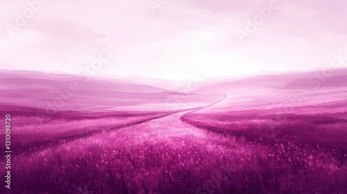 Mauve Meadow: A Painted Landscape with Winding Path Through Fields of Flowers under a Pale Sky