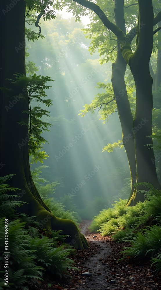 Obraz premium A serene forest path illuminated by soft sunlight filtering through tall trees, surrounded by lush green ferns and a peaceful atmosphere