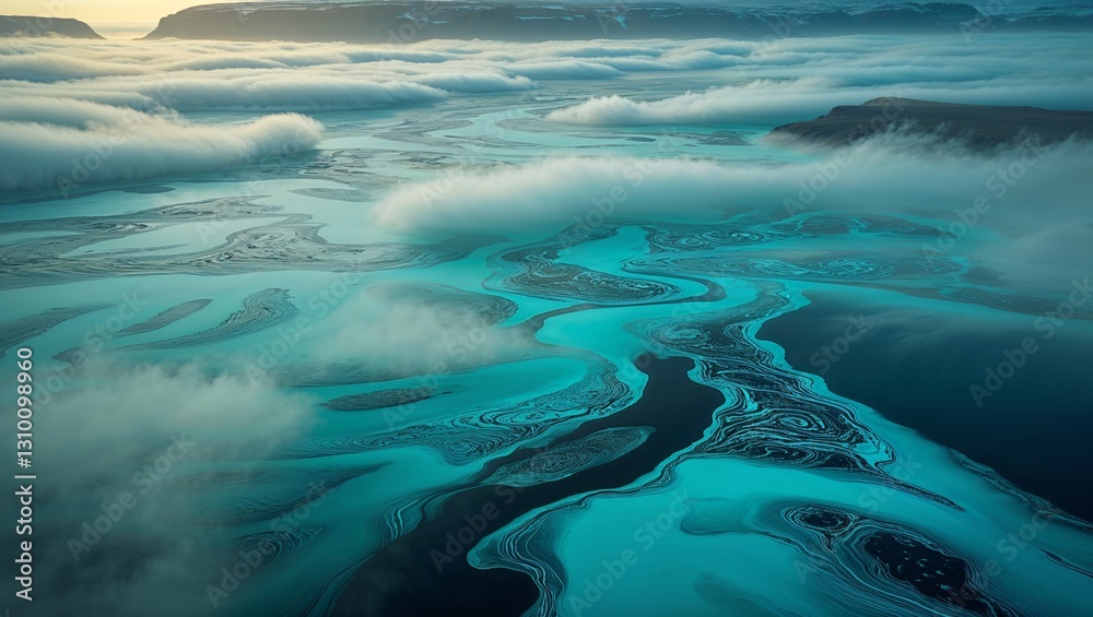 Fototapeta premium Stunning aerial view of twisting rivers and vibrant turquoise waters under a cloudy sky at dawn in Iceland